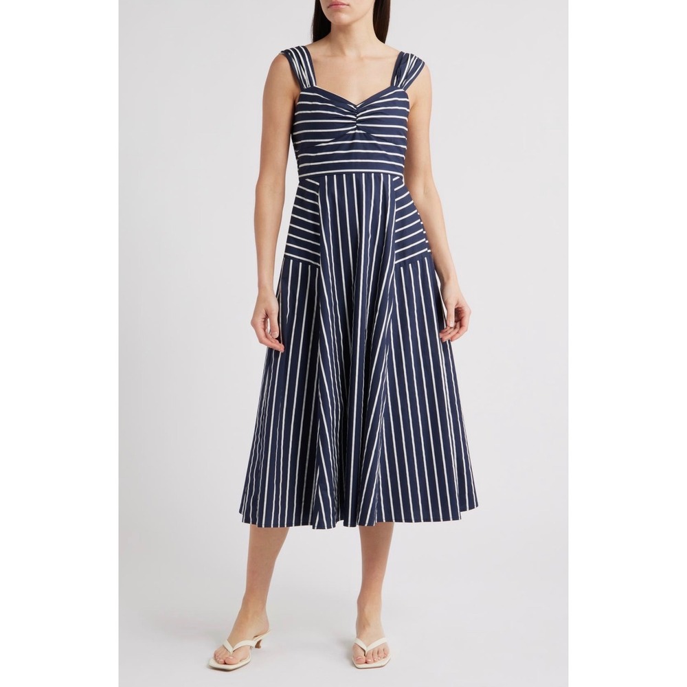 Zoe and Claire Navy Blue White Striped Midi Dress Smocked Back Cotton Small